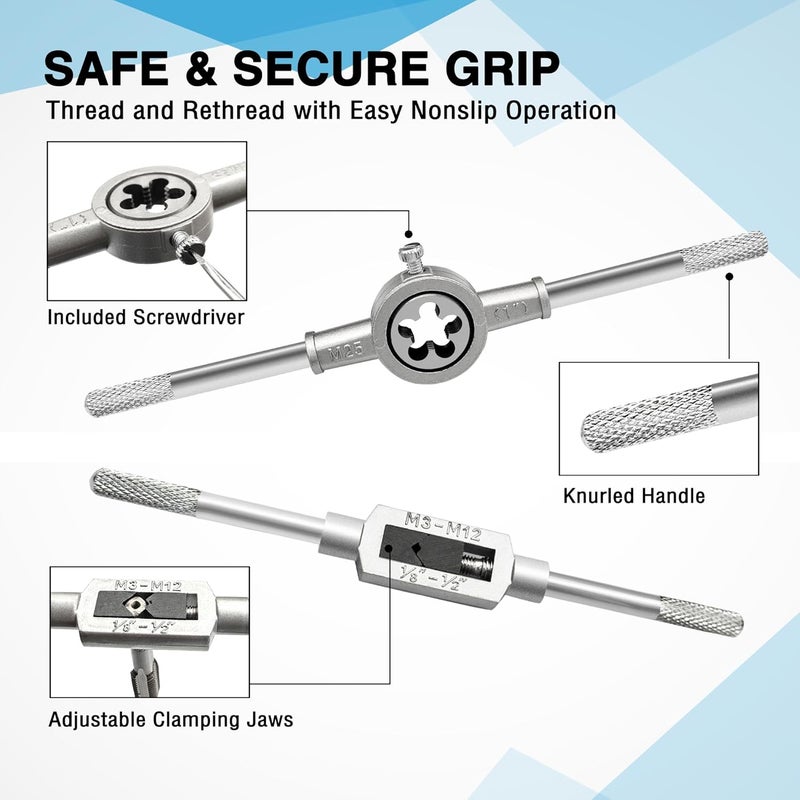 Axelord 80pcs Tap and Die Set, SAE and Metric Tap Die Wrench Set, Metric Standard M3 to M12 Coarse Fine Rethreading Threads Bits for Cutting External and Internal Threads, NC, NF, NPT Repair Tools - Image 5